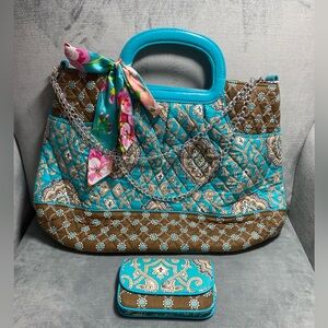 NWOT Vera Bradley Totally Turquoise pattern, large tote & wallet set 17x12x5tote